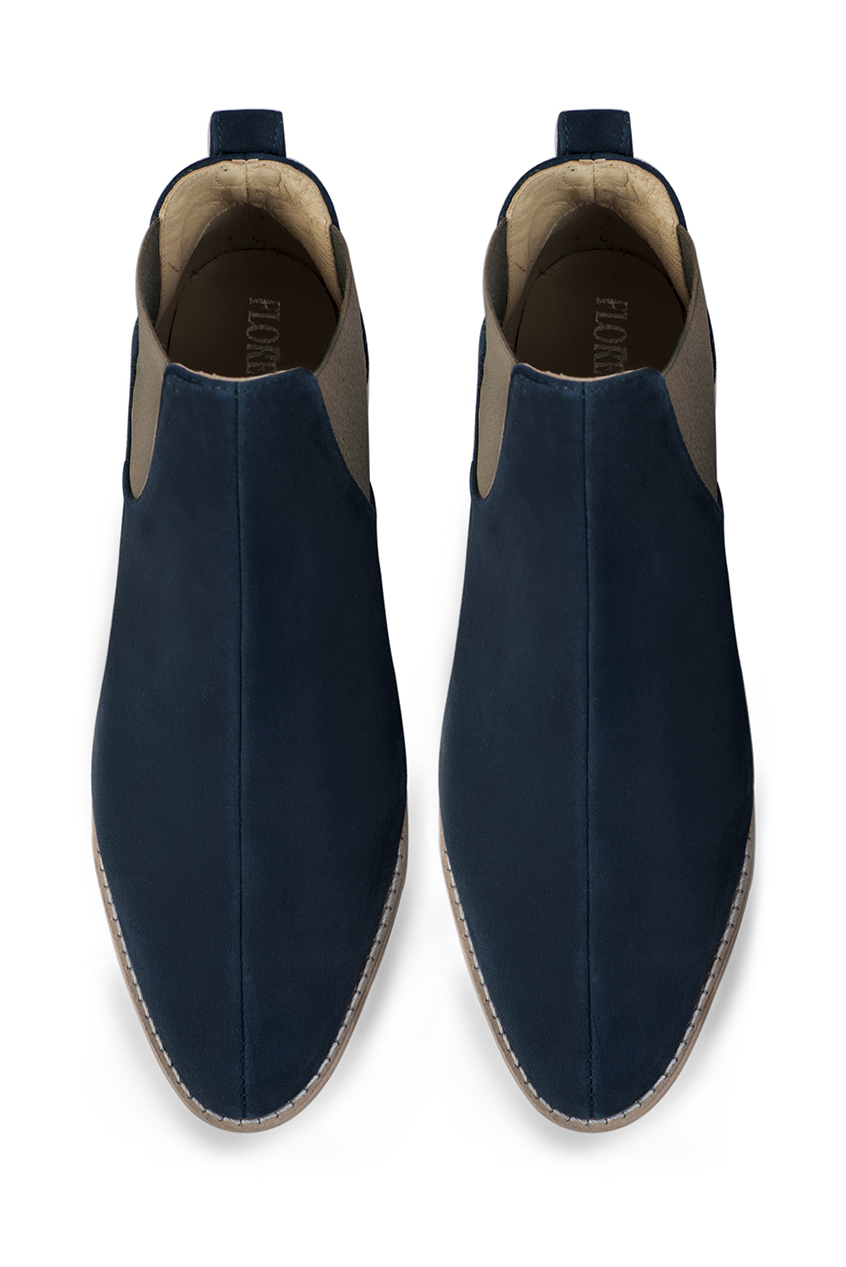 Navy blue and taupe brown women's ankle boots, with elastics. Round toe. Flat leather soles. Top view - Florence KOOIJMAN